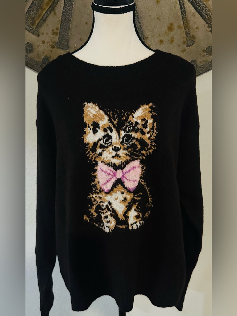 Simply Southern Black Sweater with Kitty Intarsia and Pink Bow